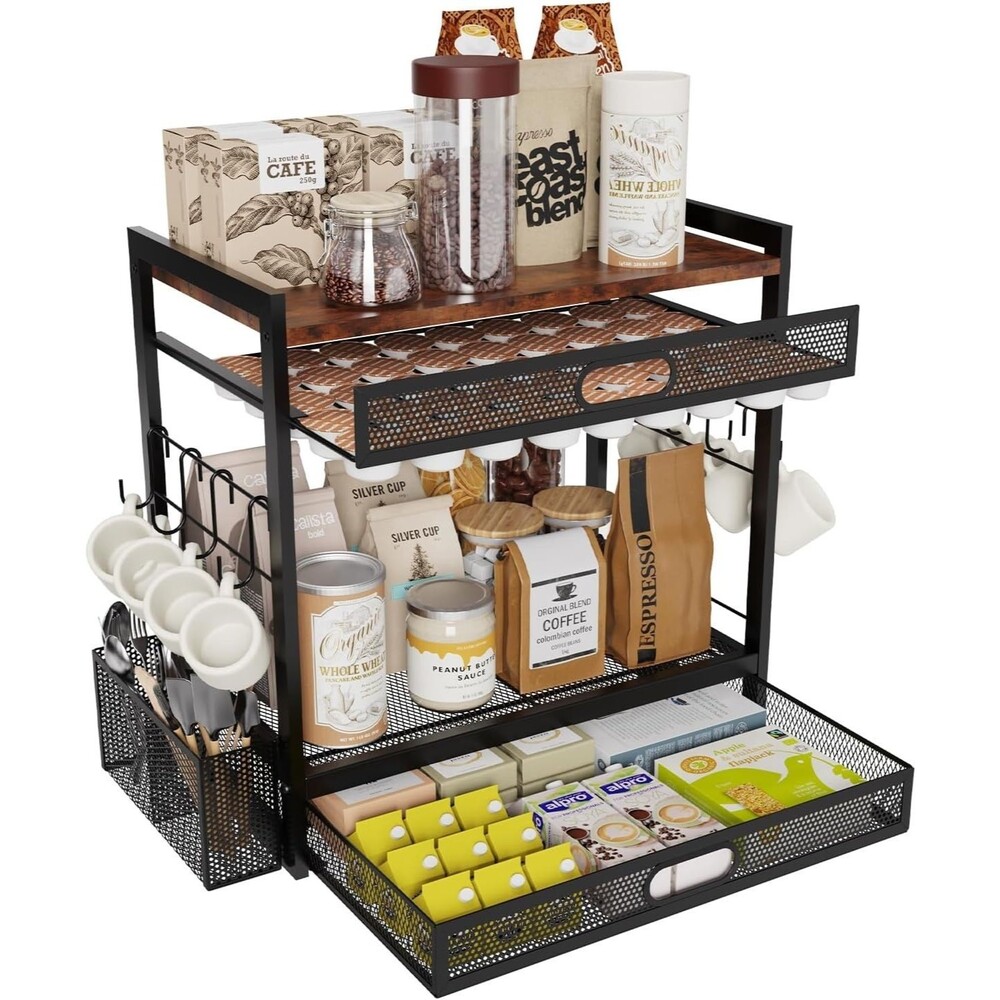 Coffee Bar Organizer Station Coffee Pod Drawer Mug Holder Tea Stand Kitchen